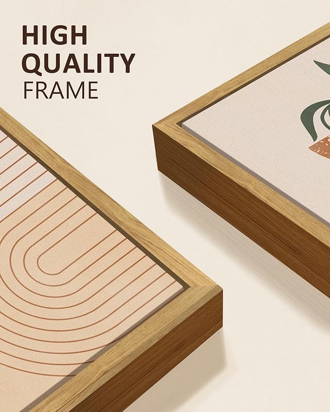 KUVIOKE Boho Wall Art Framed Canvas Botanical Mid Century Modern Wall Printing Neutral Abstract Geometric Prints Bohemain Sage Decor for Farmhouse Living Dining Room 12x16in (Natural Framed)