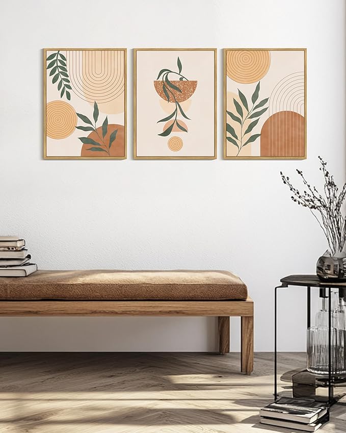 KUVIOKE Boho Wall Art Framed Canvas Botanical Mid Century Modern Wall Printing Neutral Abstract Geometric Prints Bohemain Sage Decor for Farmhouse Living Dining Room 12x16in (Natural Framed)