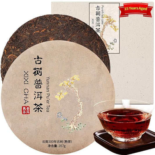 XIXICHA Pu-erh Tea Cake 357g/12.6oz Ancient Trees Ripe Puerh Tea 2008 Years Chinese Yunnan Pu’er Tea BlackTea Fermented Traditional Craft 普洱茶 熟茶 古树普洱茶 云南勐海