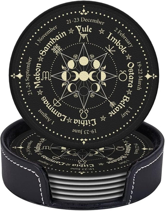 Mystic Witchy Leather Drinks Coasters with Holder, Set of 6, Suitable for Various Cups