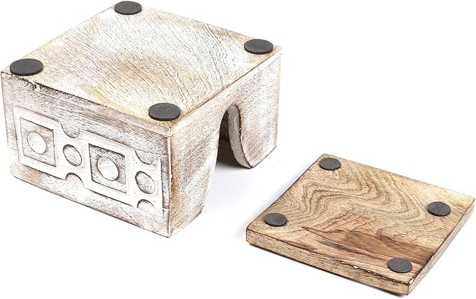 Wooden Set of 6 Whitewash Coasters for Drink Tea Coffee Table White Distressed Coaster with Holder Stand Dining Home Décor (Design2)