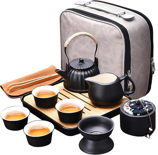 Chinese tea set with tea canister, Japanese tea set with 4 tea cups,Travel,Home,Outdoor,Office,Picnic,Business (Tiliang 4cups)
