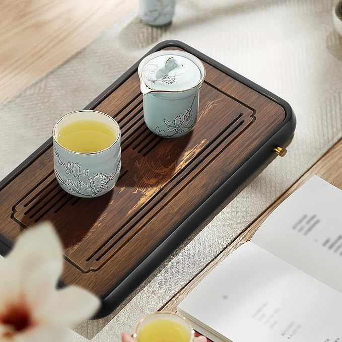Ufine 15 Inch Bamboo Gongfu Tea Tray with Water Storage Drainage Chinese Kung Fu Tea Serving Tray Tea Table Box Gift Set