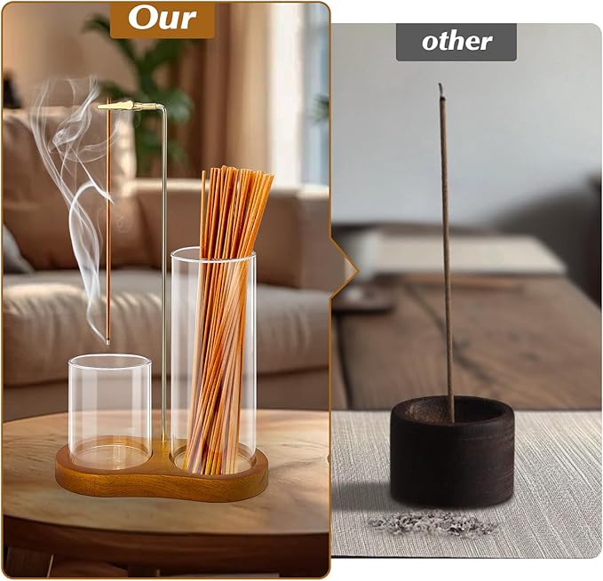 2 in 1 Incense Holder for Sticks, Dual-Purpose Incense Holder with Glass Ash Catcher, Anti-Ash Flying Burner and Organizer, Meditation Yoga Spa Home Decor for Sticks Cones(Wood, Dark Brown)