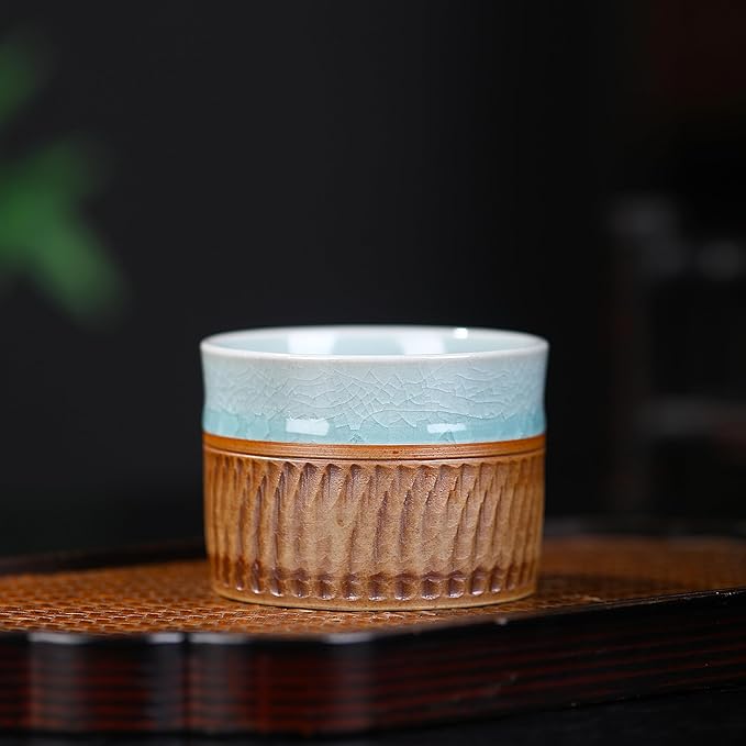 Ru Kiln Tea Cup - Handcrafted Chinese Japanese Ceramic Kungfu Tea Cup with Ice Crystal Crackle Glaze, Double Layer Insulated, Light Blue Interior & Textured Exterior for Tea/Coffee Lovers