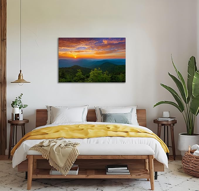 SKASNFAI Smoky Mountain Wall Art Framed Nature Forest Posters Canvas Print Office Picture Wall Decor Blue Ridge Mountain Artwork Painting for Bedroom (24L x 36W)