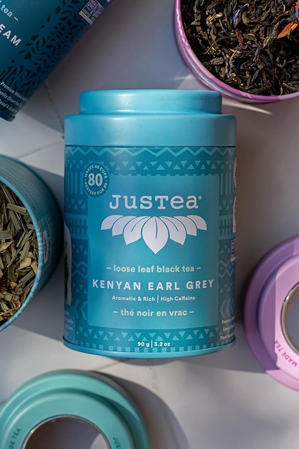JusTea KENYAN EARL GREY | Loose Leaf Black Tea | Tin with Hand Carved Tea Spoon | 40+ Cups (3.2oz) | High Caffeine | Award-Winning | Fair Trade | Non-GMO