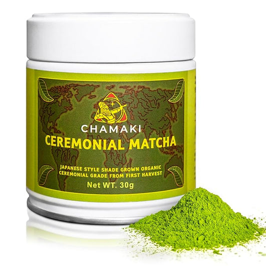 Chamaki Ceremonial Matcha Powder-First Harvest Japanese Style -Shade Grown Organic Premium Grade 1oz/30g Tin Ready for baking and Latte Authentic Japanese Style Matcha green tea Powder (30g)