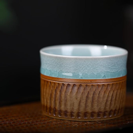 Ru Kiln Tea Cup - Handcrafted Chinese Japanese Ceramic Kungfu Tea Cup with Ice Crystal Crackle Glaze, Double Layer Insulated, Light Blue Interior & Textured Exterior for Tea/Coffee Lovers