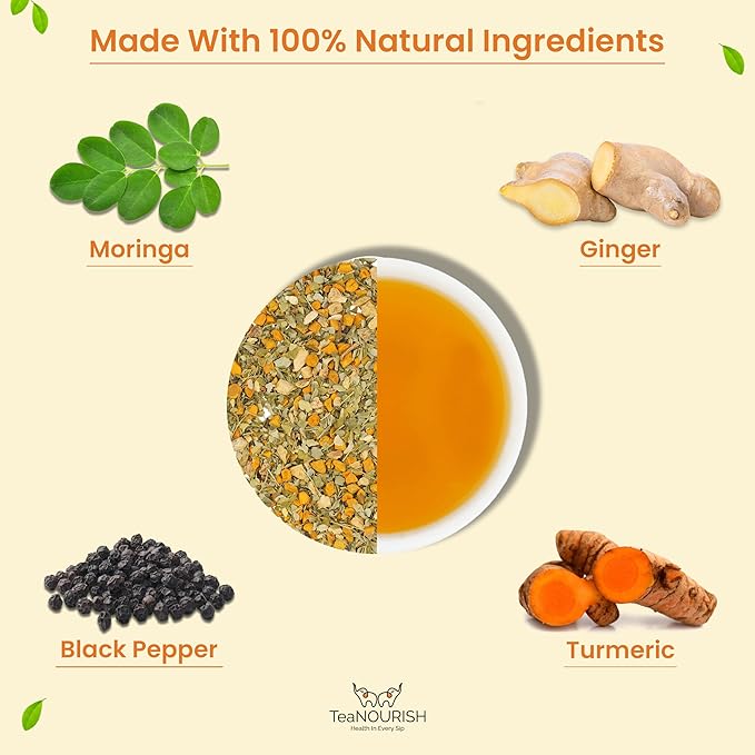 TeaNOURISH Turmeric Moringa Herbal Tea | Blend of Indian Superfoods Turmeric, Moringa, Ginger & Black Pepper | Supports Immunity | 100% NATURAL INGREDIENTS - 3.53oz/100g (Pack of 2)