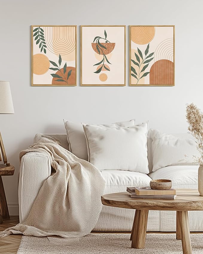 KUVIOKE Boho Wall Art Framed Canvas Botanical Mid Century Modern Wall Printing Neutral Abstract Geometric Prints Bohemain Sage Decor for Farmhouse Living Dining Room 12x16in (Natural Framed)