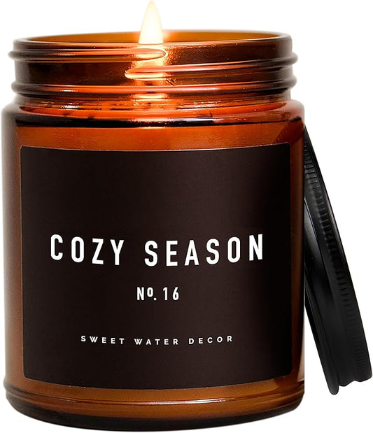 Sweet Water Decor Cozy Season Soy Candles - Fall Candles with Woods, Warm Spice, and Citrus Scent for Home Decor - Soy Candle with 40 Hours Burn Time - 9Oz Black Lid Amber Jar Candles Fall Scents
