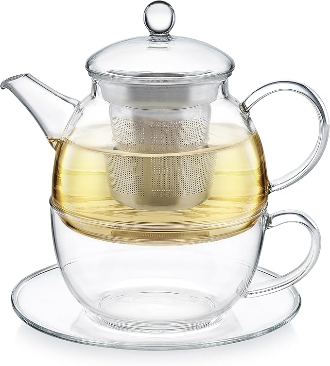 Teabloom Mindful Tea-for-One Set – 5-Piece Glass Teapot, Matching Cup & Saucer, Borosilicate & Stainless Steel Infusers, Elegant Gift for Personal Tea Rituals