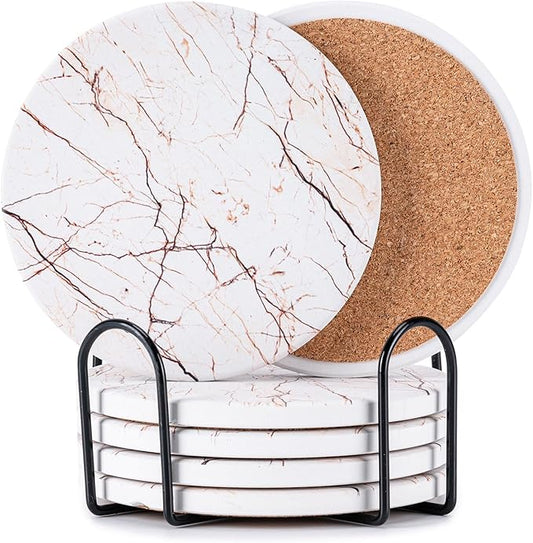 Hoewina 6Pcs Drink Coasters with Holder, Marble Style Ceramic Drink Coaster, Absorbent Coasters Set Suitable for Kinds of Cups, Modern Style Coasters for Coffee Table, 4 Inches（Natural）