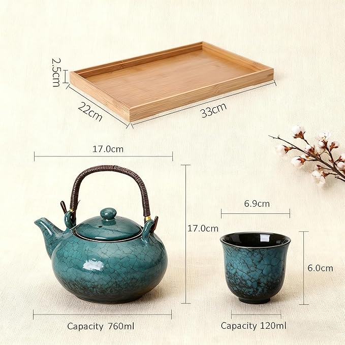 KEYDUACU Japanese Tea Set, Ceramic Tea Set, Plum Blossom Embossed, Teapot, 6 Teacups, Tea Tray, Strainer, Home, Outdoor, Gift, Chinese Kung Fu Tea Set (Pine Green)