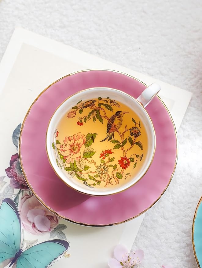 Aynsley Handpainting Colored Glaze Pembroke Oban Fine Bone China English Tea Cup and Saucer Set, 6.1 oz (Pink)