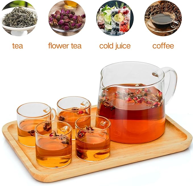 Glass Teapot 34oz/1000ml with 4 Pack Tea Cups Gift Set, Removable Stainless Steel Infuser Tea pot, Heatproof Borosilicate Glass Tea Make, Stovetop Safe Glass Tea Kettle for Loose