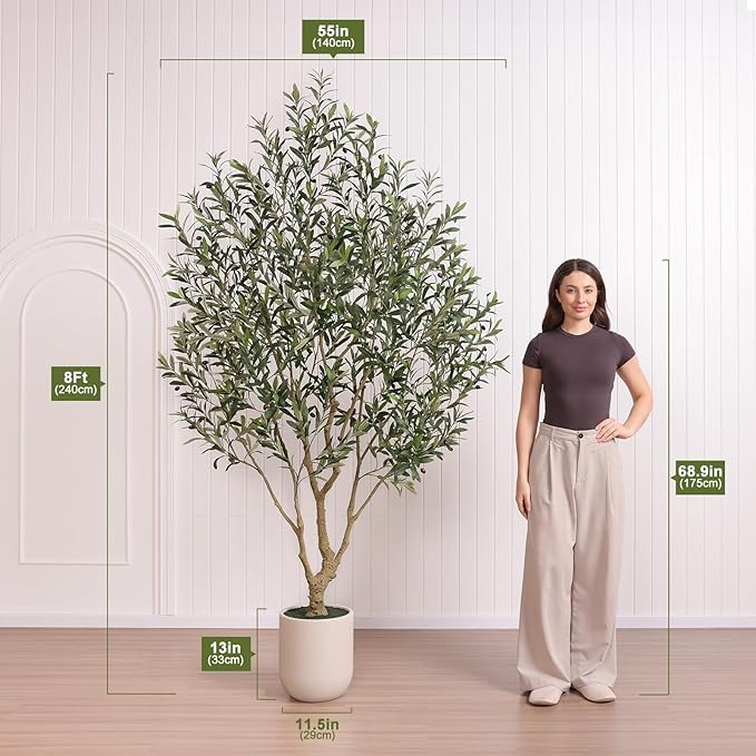 Olive Tree Artificial Indoor, 8FT Tall Faux Olive Tree with 11.5in White Planter, Artificial Plants with Natural Wood Trunk and Lifelike Fruits for Home Office Decor,VN224