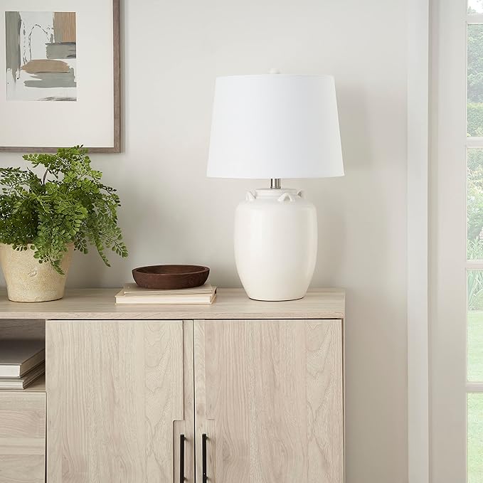 Nourison Home 24" White Farmhouse Ceramic Pottery Jug Table Lamp for Bedside Table, Living Room, Office, Entryway