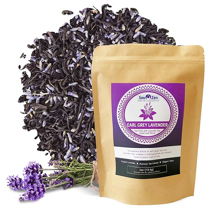 Sou Zen Earl Grey Lavender Loose Leaf Tea Blend 4oz (113g) | Ceylon Black Tea, Bergamot Oil, Lavender Flowers | Raw and Naturally Organic Ingredients | Energizing and Refreshing With No Additives
