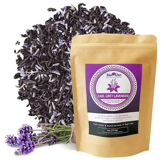 Sou Zen Earl Grey Lavender Loose Leaf Tea Blend 4oz (113g) | Ceylon Black Tea, Bergamot Oil, Lavender Flowers | Raw and Naturally Organic Ingredients | Energizing and Refreshing With No Additives