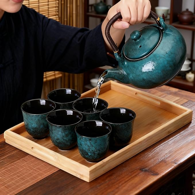 KEYDUACU Japanese Tea Set, Ceramic Tea Set, Plum Blossom Embossed, Teapot, 6 Teacups, Tea Tray, Strainer, Home, Outdoor, Gift, Chinese Kung Fu Tea Set (Pine Green)