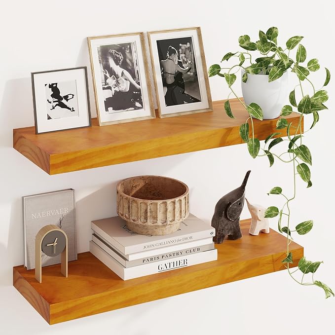 Fun Memories Wood Floating Shelves Set of 2, Rustic Pine Wood Floating Shelves for Wall Mounting, Wide Wall Shelf for Home Decor and Storage, 24" W x 7" D, Honey Oak