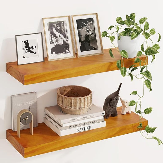 Fun Memories Wood Floating Shelves Set of 2, Rustic Pine Wood Floating Shelves for Wall Mounting, Wide Wall Shelf for Home Decor and Storage, 24" W x 7" D, Honey Oak