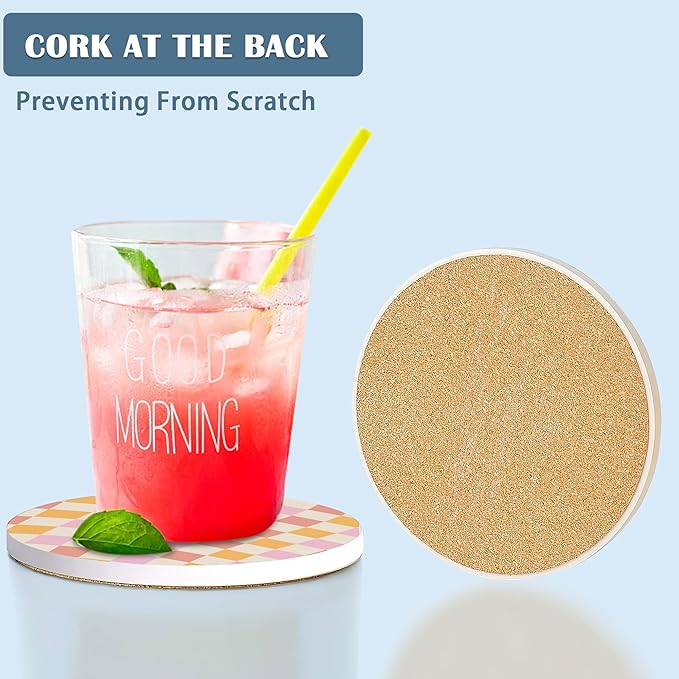 Coasters for Drinks,Set of 4 Absorbent Coasters,Groovy Rainbow Chessboard Waves Swirl Twirl Ceramic Coasters with Cork Base,Cup Coaster for Coffee Table Protection,Gifts for Housewarming Birthday