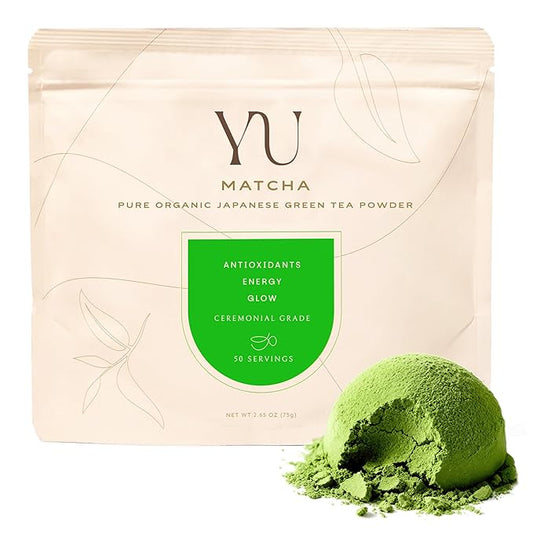 Yu Tea Organic Ceremonial Grade Matcha Powder, 50 Servings | Packed with Antioxidants, L-Thanine & Natural Caffeine | Unsweetened Grade A Japanese Matcha Powder | Resealable Pouch, 2.65 oz