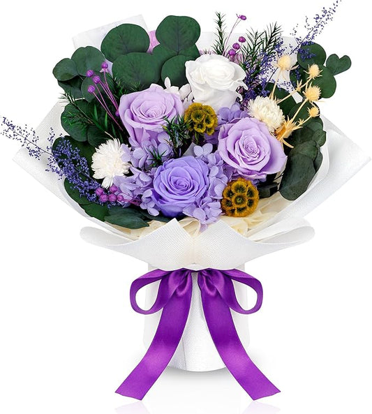 Perfectione Roses 4 Roses Mixed Bouquet for Mother's Day, Flowers for Delivery, Preserved Flowers Birthday Gift for Women Mom Wife Grandma Her, Light Purple