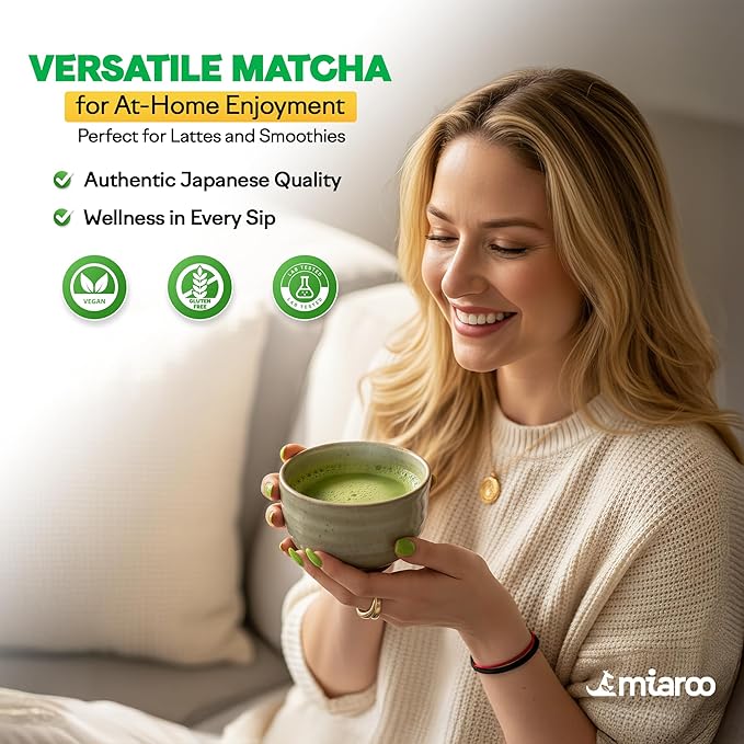Miaroo Japanese Ceremonial Grade Matcha Green Tea Powder - Coffee Replacement for Energy, Calm Focus & No Jitters or Crash | Perfect for Lattes, Smoothies, Detox & baking, 50g Matcha (25 Servings, 70mg Caffeine)