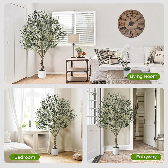 Olive Trees Artificial Indoor, 6FT Tall Faux Olive Tree with White Tall Planter, Artificial Plants with Natural Wood Trunk and Lifelike Fruits for Home Office Decor, 1 Pack