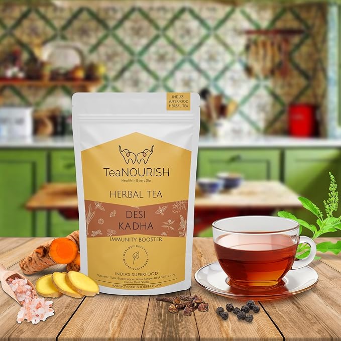 TeaNOURISH Desi Kadha | Immunity Booster Herbal Tea | Indian Superfoods Turmeric, Amla, Tulsi, Ginger & Rock Salt | Relaxing & Warming | 100% NATURAL - 3.53oz/100g (Pack of 2)
