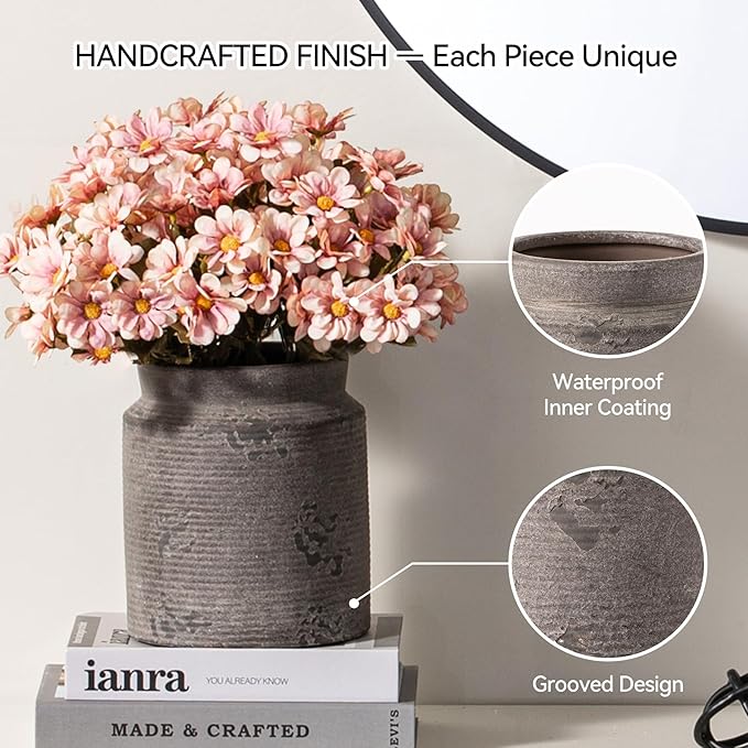 Ceramic Flower Vase 7.5 inch Farmhouse Rustic Vase for Home Decor Handcrafted Pottery Terracotta Vases for Dining Table Decor Fireplace Living Room Bathroom Wedding Centerpiece (01-Dark Brown)