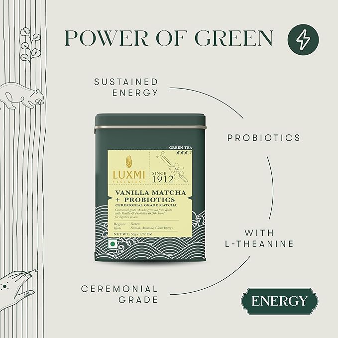Luxmi Estates Vanilla Matcha with Priobiotics (50 g) Organic Matcha Tea, Rich in Antioxidants, Tea for Relaxing