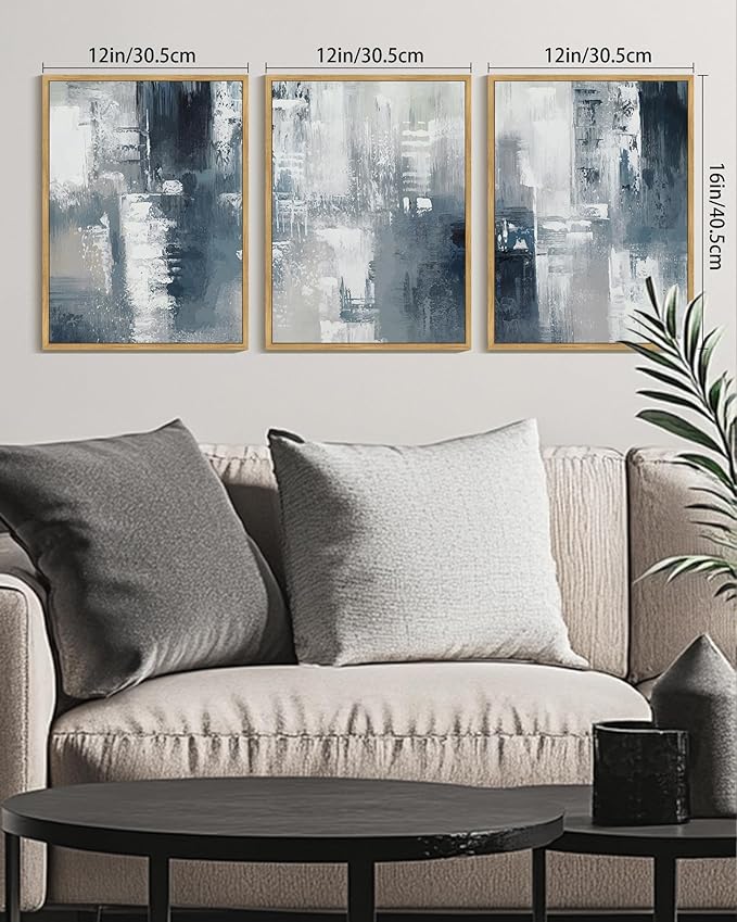 KUVIOKE Navy Blue and Gray Abstract Framed Canvas Wall Art Brush Strokes Block Shape Pastel Wall Decor Modern Minimalist Art Painting for Bedroom Dining Room 12x16in (Natural Framed)