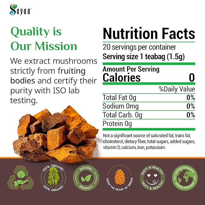 Sayan Siberian Chaga Mushroom Tea 1.05 Oz / 30g – 20 Unbleached Bags, Wild Harvested Organic Antioxidant No Caffeine. Raw and Extract Blend. Immune, Digestion Support. Detox, Focus Energy Boost