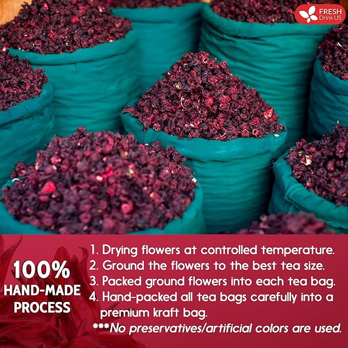 FreshDrinkUS, Premium 235 Hibiscus Flowers Tea Bags, 100% Natural, Pure from Hibiscus Flowers. Loose Flower Herbal Tea. No Sugar, No Caffeine, No Gluten, Vegan.