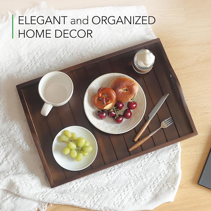 Large Acacia Wooden Serving Tray with Handles 20 x 14 inch Decorative Coffee Table Ottoman Tray for Living Room Extra Large for Kitchen Dinner Food Bar Breakfast in Bed (Color Brown)