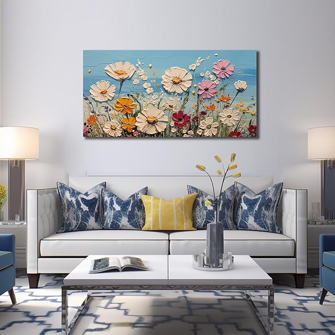 Colorful Floral Canvas Wall Art - Abstract Flower Pictures with Blue Background for Living Room Bedroom Office Wall Decor, Horizontal Printed Painting Artwork Home Decorations, Size 48x24 Inches