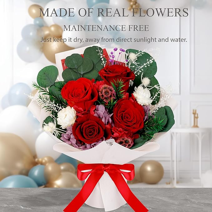 Perfectione Roses 4 Roses Mixed Bouquet for Mother's Day, Flowers for Delivery, Preserved Flowers Birthday Gift for Women Mom Wife Grandma Her, Red