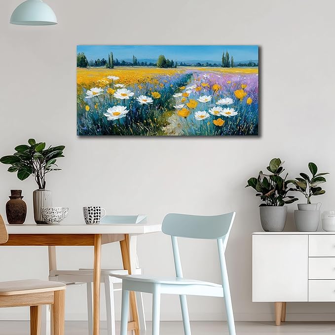 White Daisy Floral Canvas Wall Art - Abstract Yellow Wildflowers Landscape Nature Pictures with Blue Background for Living Room Bedroom Office Wall Decor, Printed Painting Artwork, Size 40x20 Inches