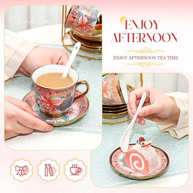20 Pcs Porcelain Tea Set for Adults with Metal Holder and Spoon European Ceramic Tea Party Set Flower Painting Teapot Cup Gold Plated Saucer for Women, Serving 6 People(Fresh)