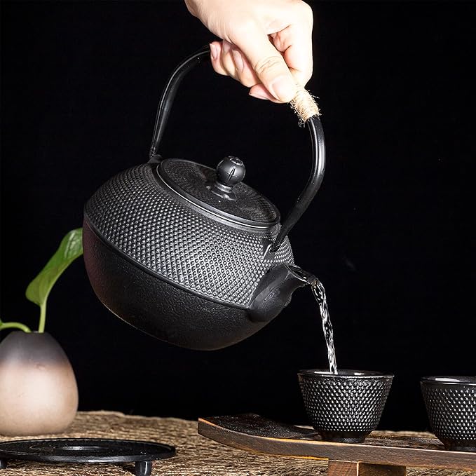 YJX 40.6oz Cast Iron Teapot Set with Warmer, Japanese Tea Set for Stovetop, 1200ml Black Tea Pot and Tea Cups Set, Tea Kettle with Infuser for Loose Leaves, Enameled Asian Teapot Sets for Adults