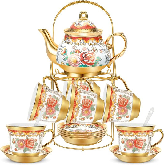 20 Pcs Porcelain Tea Set for Adults with Metal Holder and Spoon European Ceramic Tea Party Set Flower Painting Teapot Cup Gold Plated Saucer for Women, Serving 6 People(Classic)