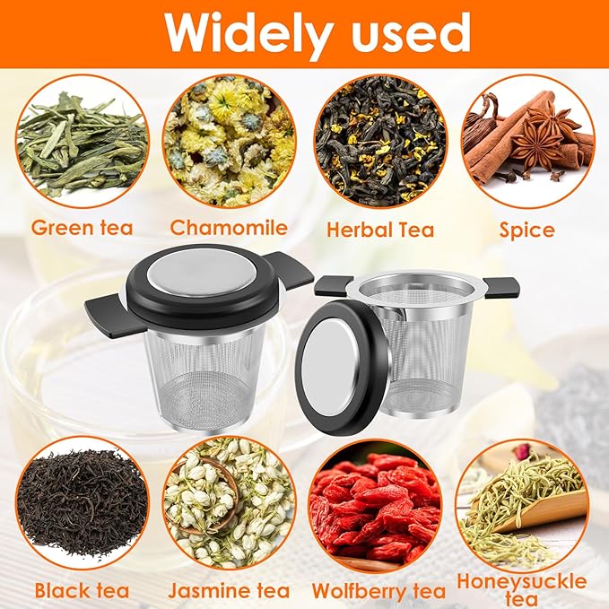 2 Pcs Tea Strainers for Loose Tea Stainless Steel Tea Steeper Large Capacity Tea Infuser Fine Mesh Tea Diffuser with Silicone Lid and Heat Proof Double Handles for Teapots Cups Mugs
