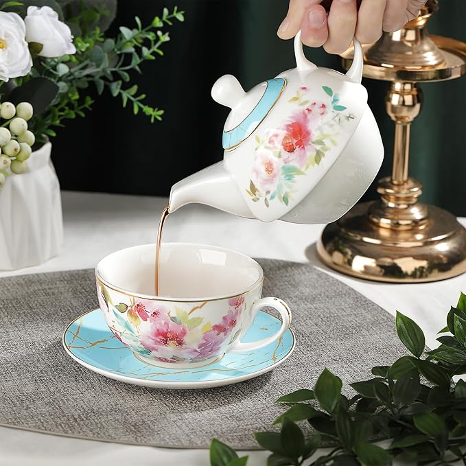 fanquare Pink Floral Teapot, Tea Cup and Saucer Set with Gold Trim, Porcelain Tea for One Tea Set for Gift, Blue