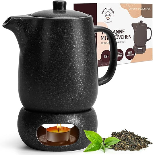 Teapot with Warmer Set, 1.2 L, Ceramic Teapot with Strainer Insert and Candle Warmer, Tea Pot, Teapot with Ceramic Warmer