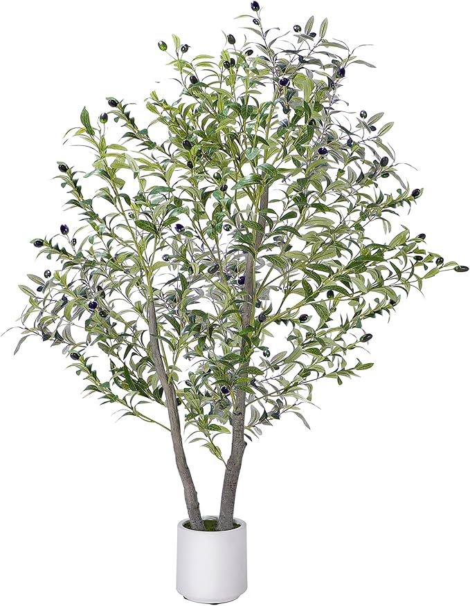 Olive Trees Artificial Indoor, 5FT Realistic Artificial Olive Tree with Natural Wood Trunk Lifelike Fruits Pre Assembled No Maintenance, Sturdy White Planter for Home Office Decor Perfect